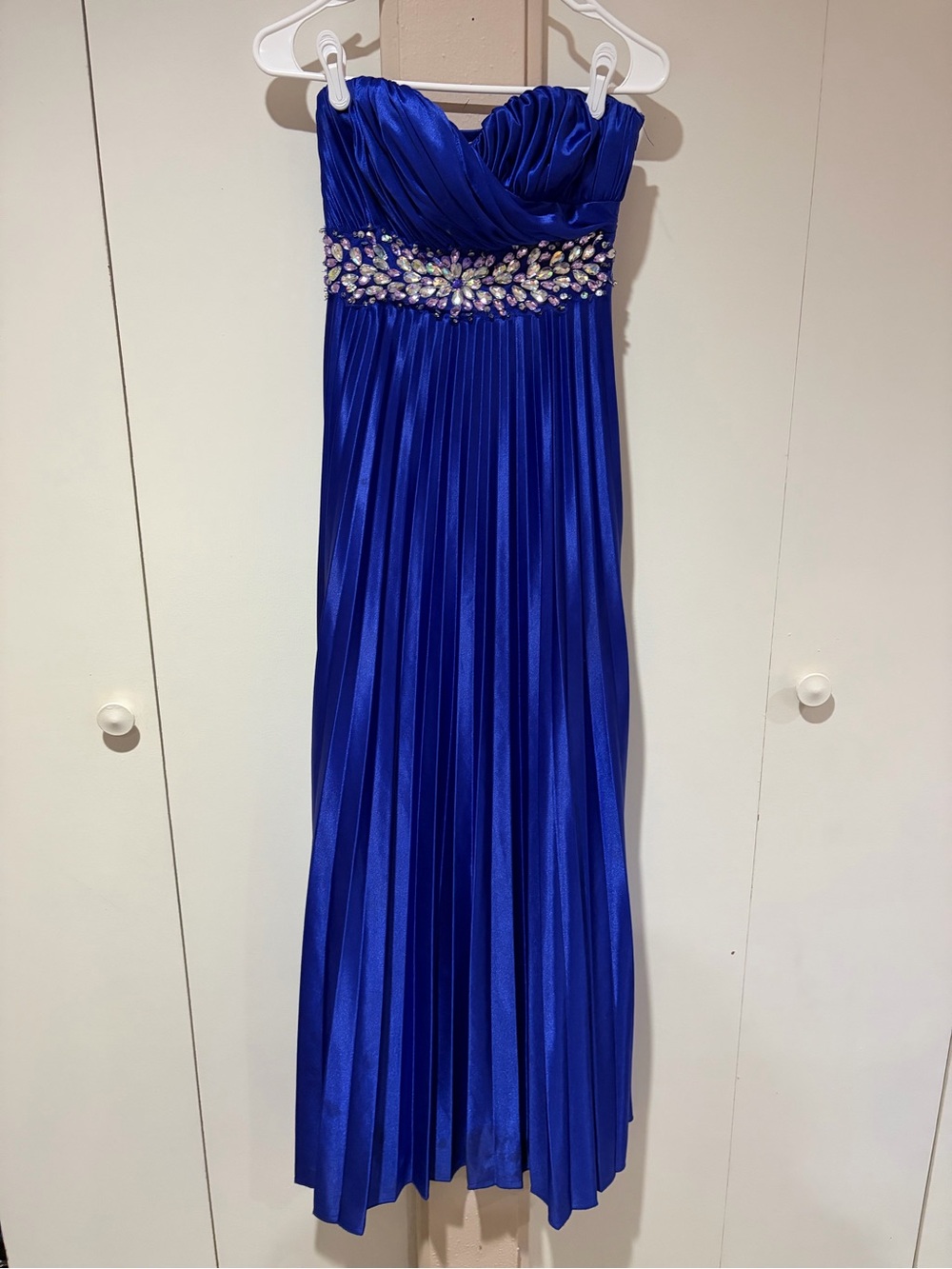 Royal Blue Pleated Strapless Prom Gown – Rhinestone Imperial Waist Maxi Size 3